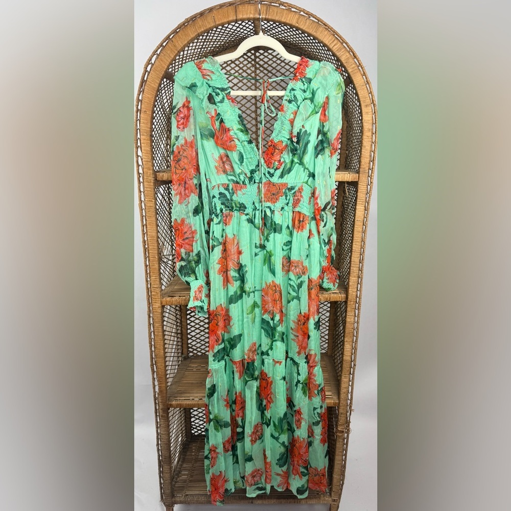 Anthropologie Odetta Ruffled V-Neck Maxi Dress S Green Floral Boho - Picture 6 of 8